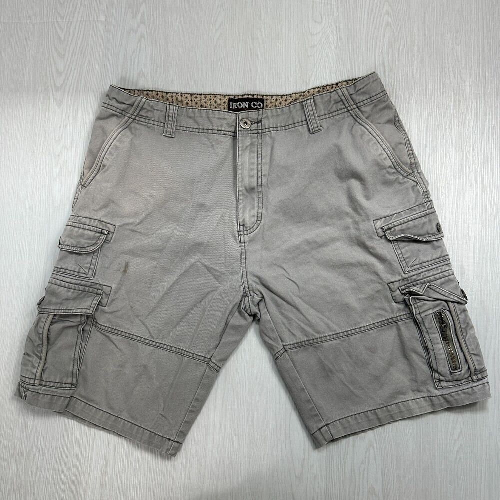 IRON CO. Men's 36 Gray Cargo Shorts Cotton Canvas Pockets Button Hiking Casual